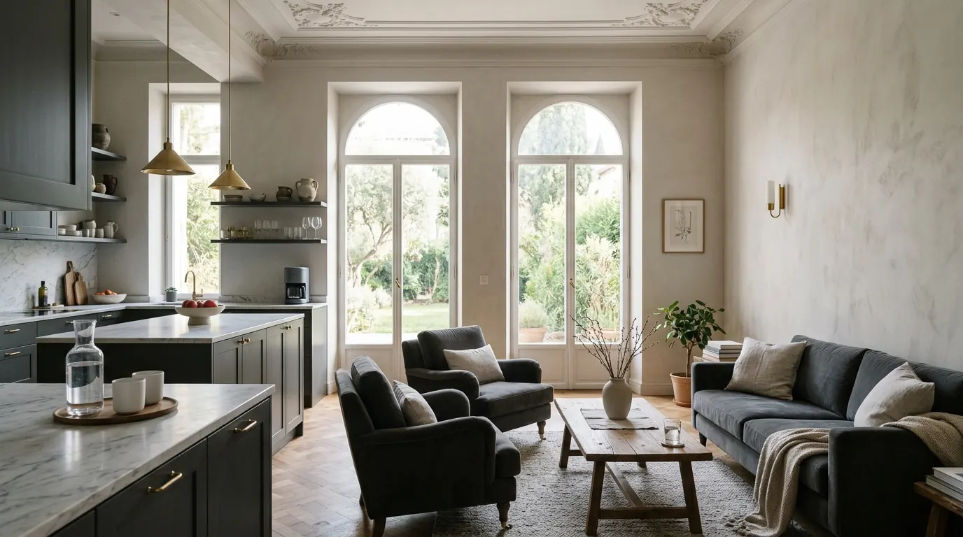 Lounge mit Küchenbereich in einer Villa mit Marmortheke, Tassen, grauem Sofa und Sesseln.